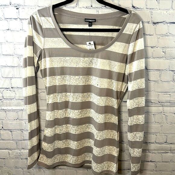 👚 Express Striped Long-Sleeved Top - Size Med -Light Gray and White with Lace - Picture 1 of 4